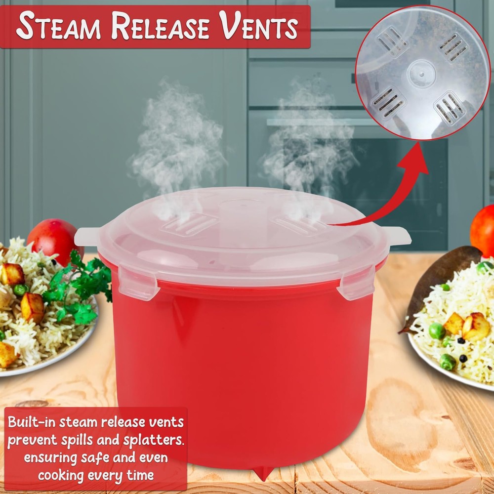 Home-X Microwave Rice Cooker - Steamer with Steam Release red