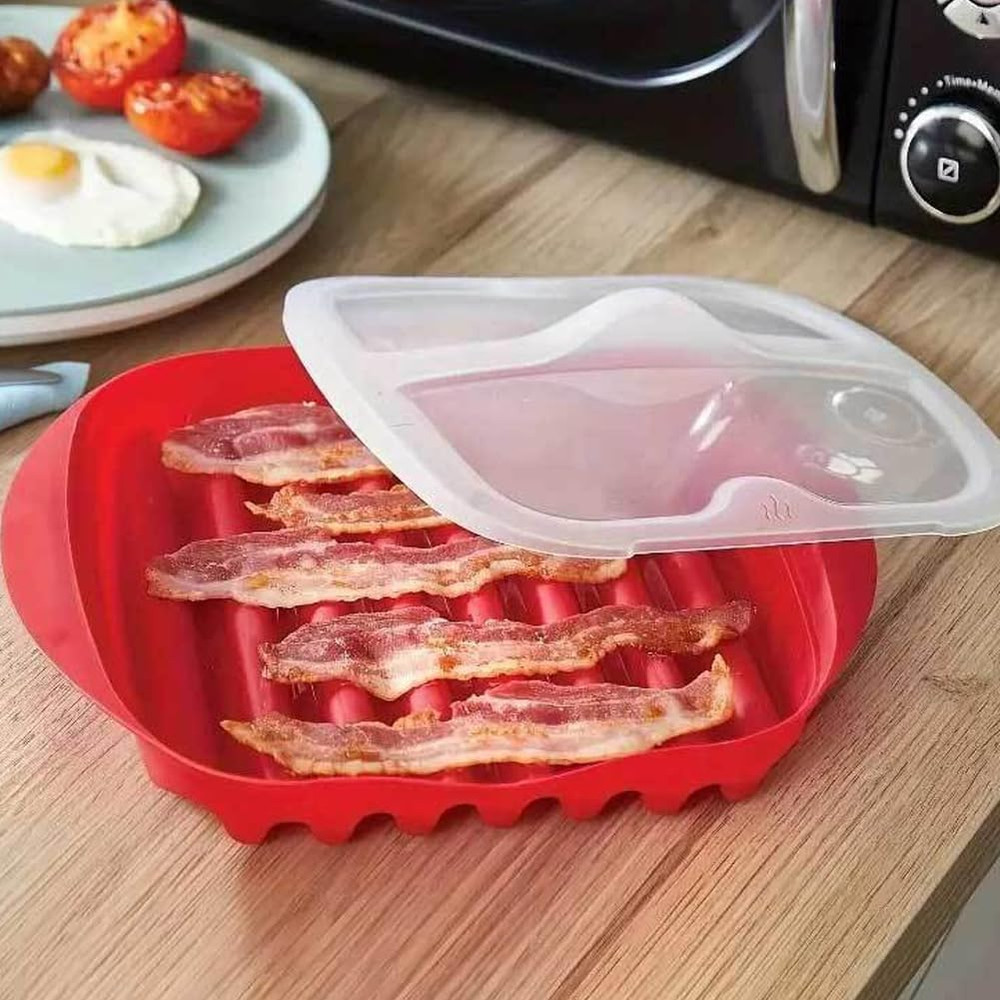 Red Microwave Bacon Cooker with Cover - Single Tray Crispy Maker in