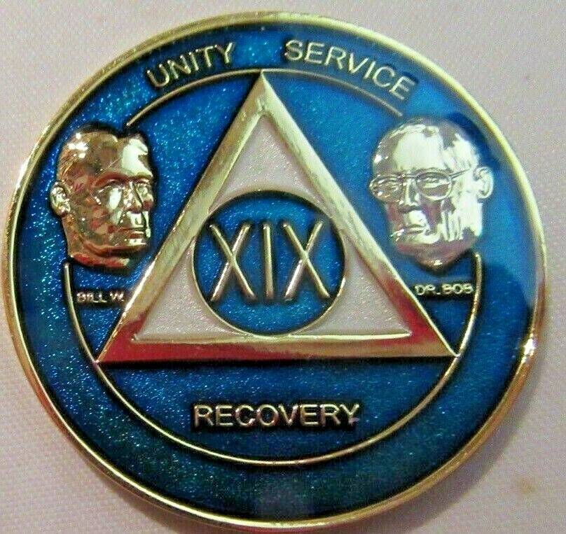 Alcoholics Anonymous YEAR 19 Blue Medallion Bill Dr Bob Coin Token Sober Sober