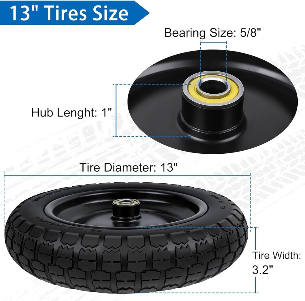 13 In Flat Free Wheels Tires 4.00-6 Solid Replacement with 5/8" Axle Bore Hole