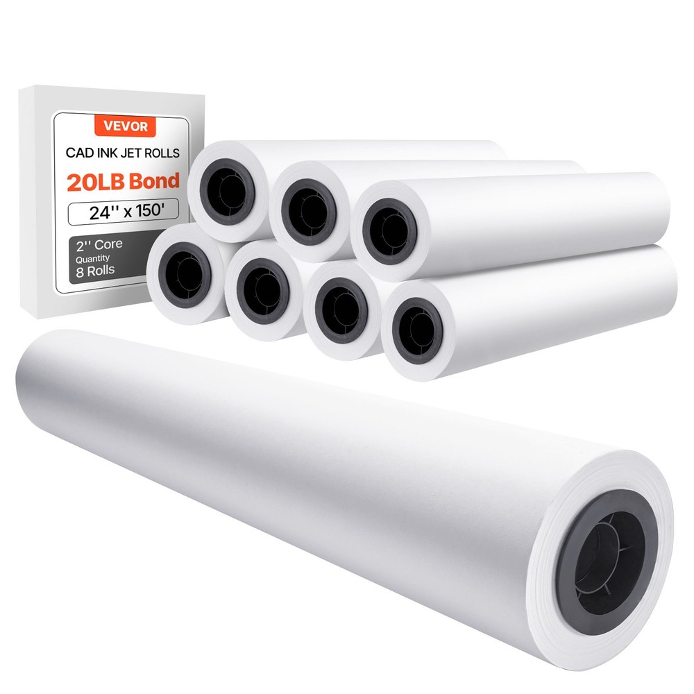 Wide Format Paper,24 inx150 ft Plotter Roll,8 Rolls CAD Bond Rolls w/2 in Core,2