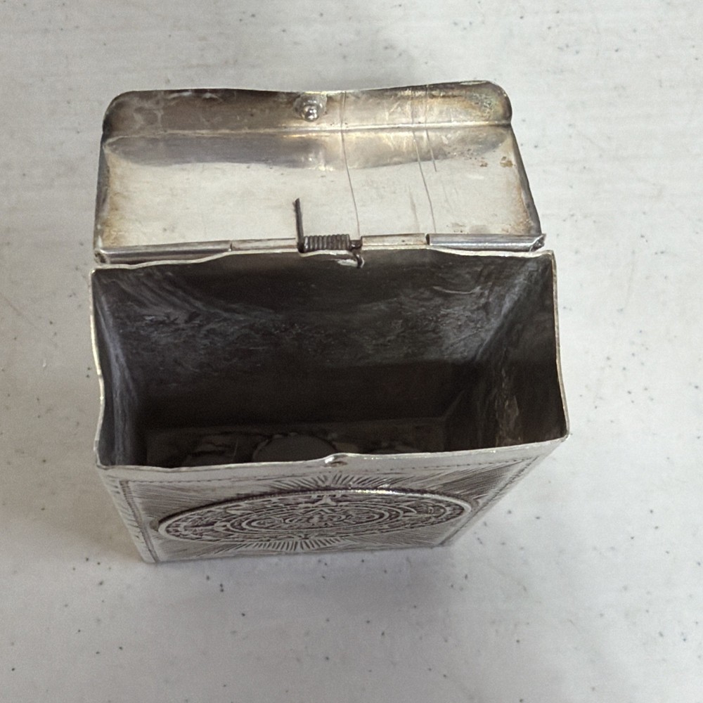 Sterling Silver Matchbox Cover With Aztec Sundial Engraving
