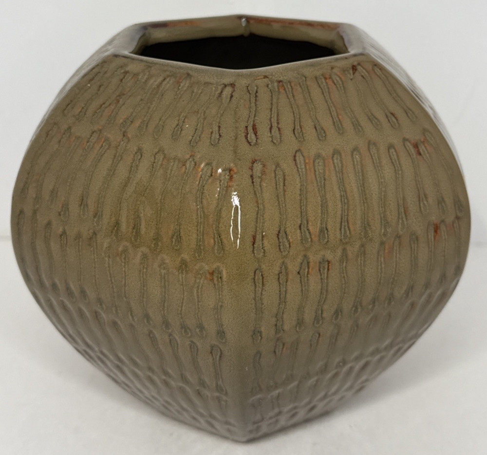 Ceramic Planter Vase Brown Green Six Sided 5x7"