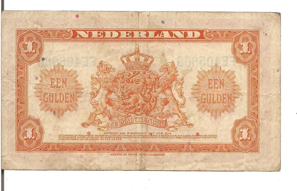 NETHERLANDS, 1 GULDEN, Qn. Wilhelmina @ ctr, 1943