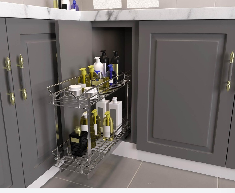 OCG Metal Pull Out Cabinet Organizer (9"W X 17" D), Two Tier Pull Out, Chrome