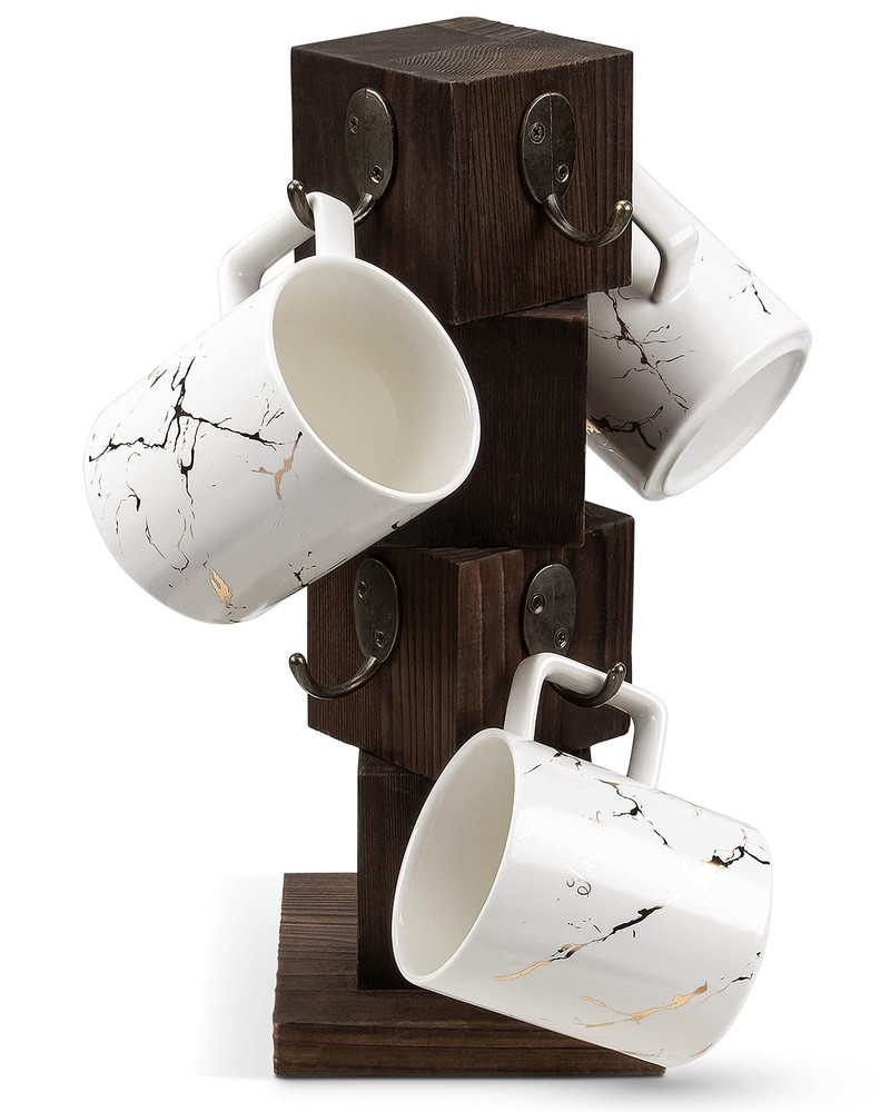 PUERSI Coffee Mug Holder for Counter, Rustic Solid Wood Mug Tree, Farmhouse W...