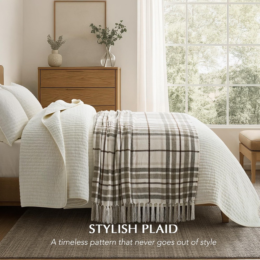 EverGrace Plaid Chenille Throw Blanket for 50"x60", Beige & White