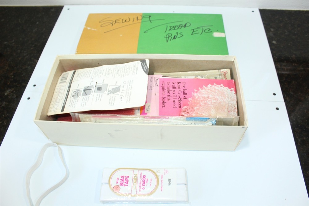 Vintage Sewing Makings Lot Box - Elastic, Thread, Needles + More
