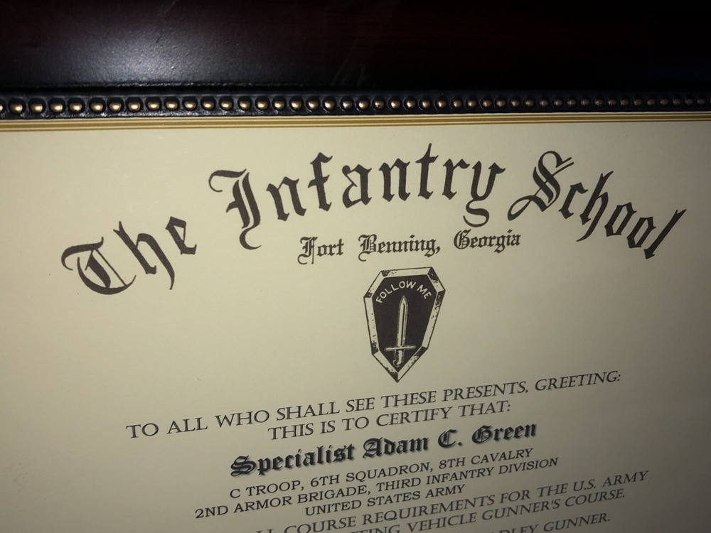 ARMY - INFANTRY SCHOOL / BRADLEY GUNNER'S COURSE CERTIFICATE