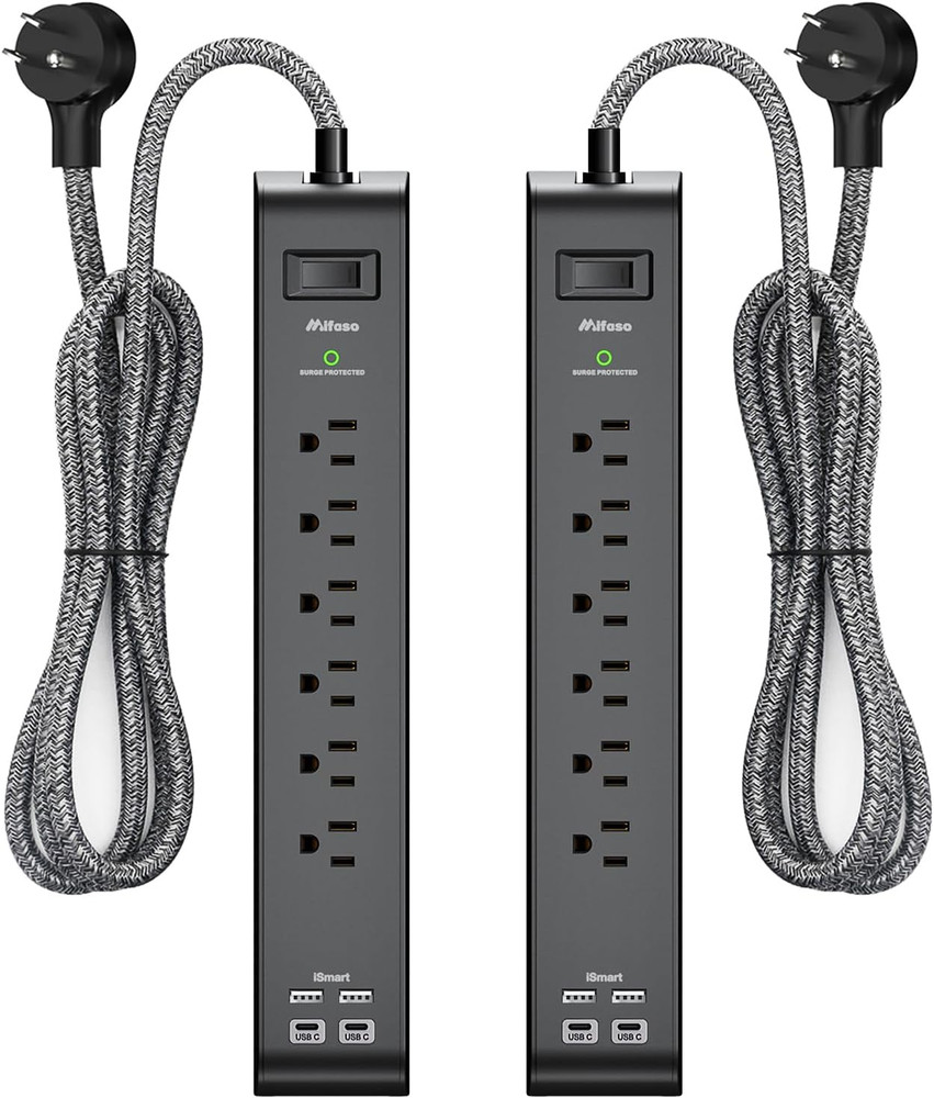 2 Pack Surge Protector Power Strip – 6 Outlets + 4 USB (USB-C), Flat Plug, 5FT C