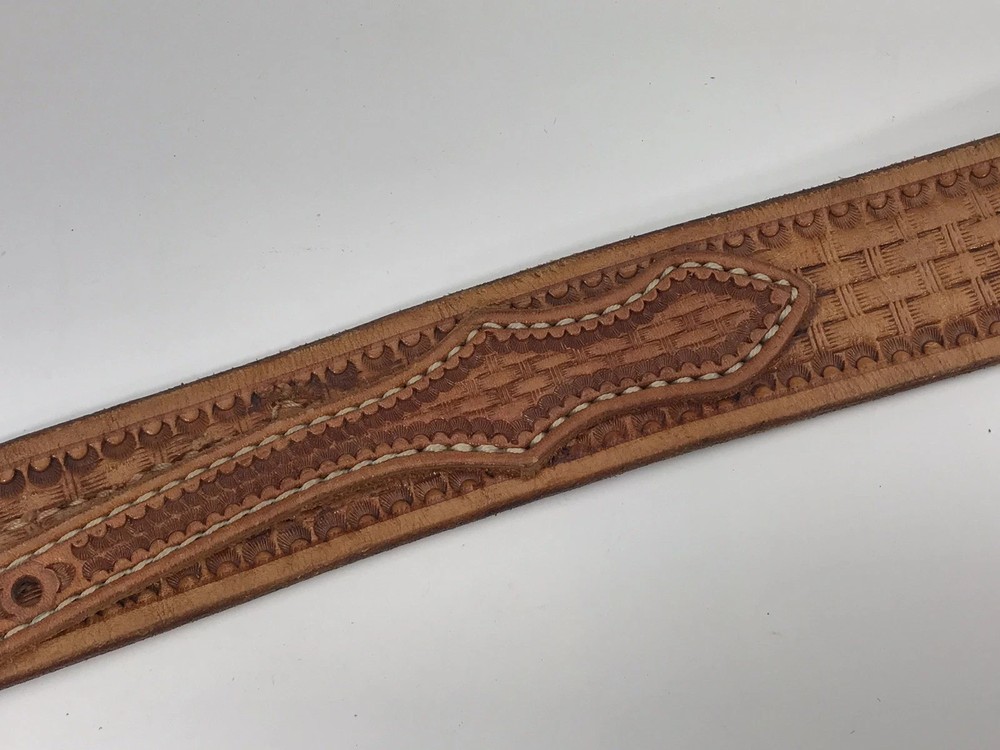 Basketweave Tooled Leather Belt 31-35" Vintage