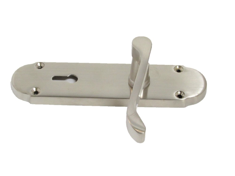 Epsom Satin Victorian Scroll on Shaped Back Plate Lock Door Handle Pair