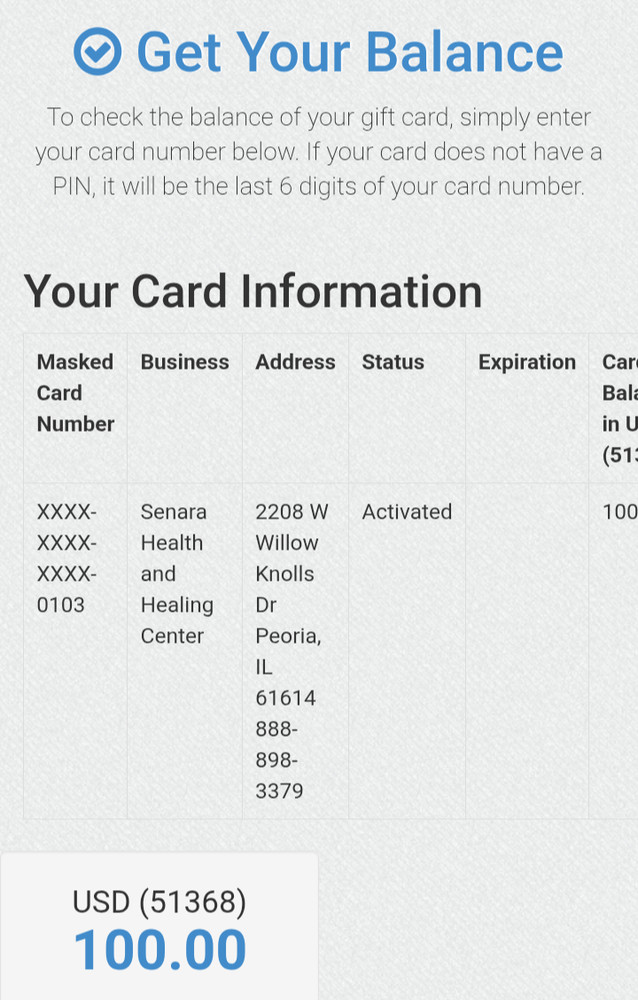 Senara $100 gift card - Peoria, IL