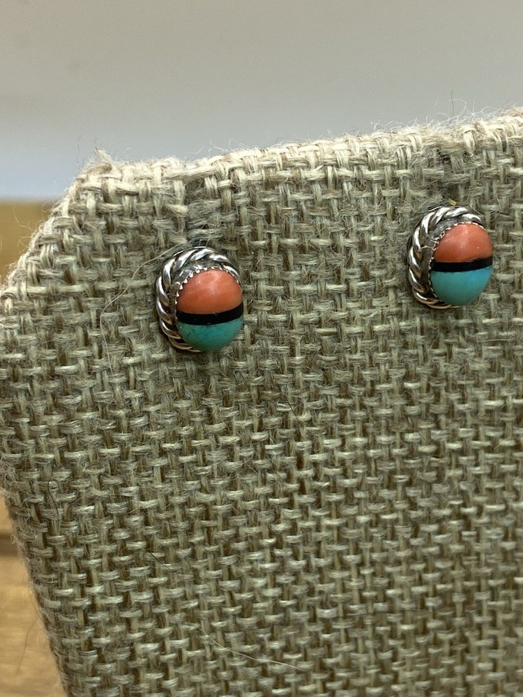 Vintage Native American Petite Multi-stone Sterling Silver Post Earrings 3/8"