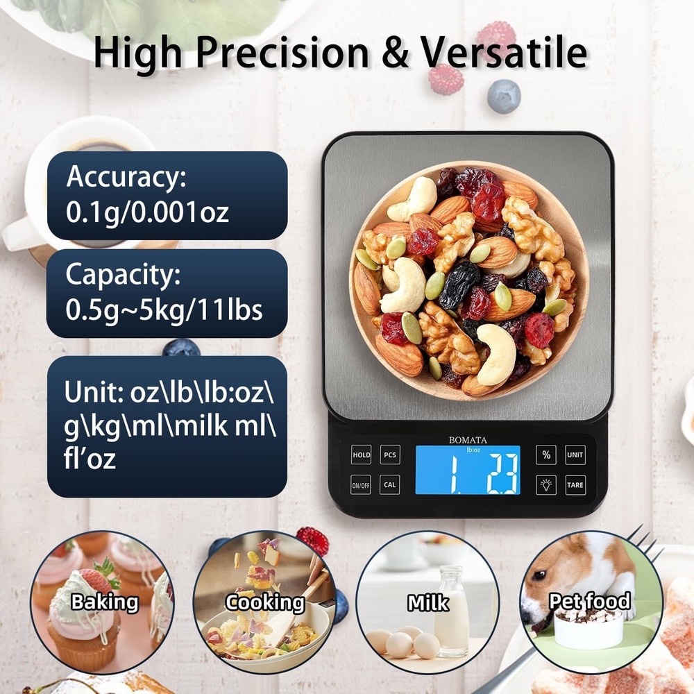 High Precision 11lb Kitchen Scale - 0.1g Accuracy, USB Rechargeable Design