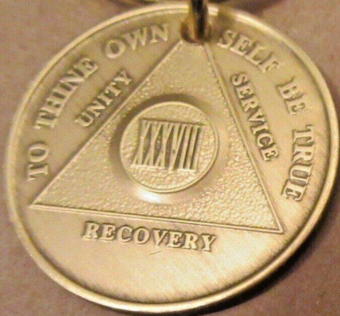 Alcoholics Anonymous 38 Year AA Bronze Medallion Key Chain Token coin keyring