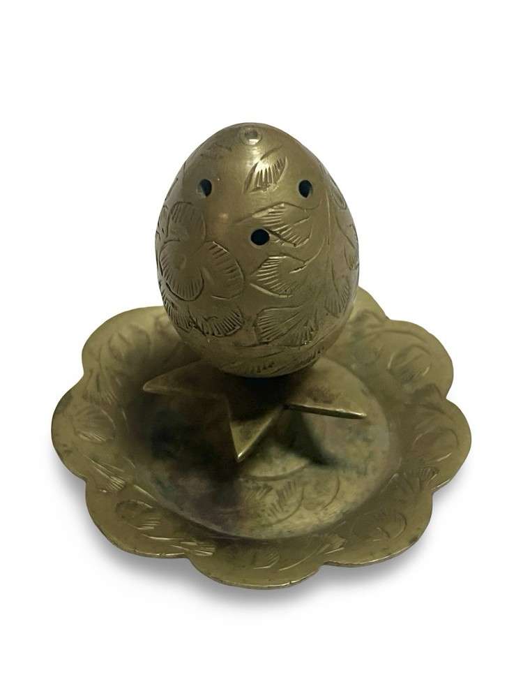 Vintage Brass Stick Incense Burner, Egg Shape w/Etching & Small Circular Tray
