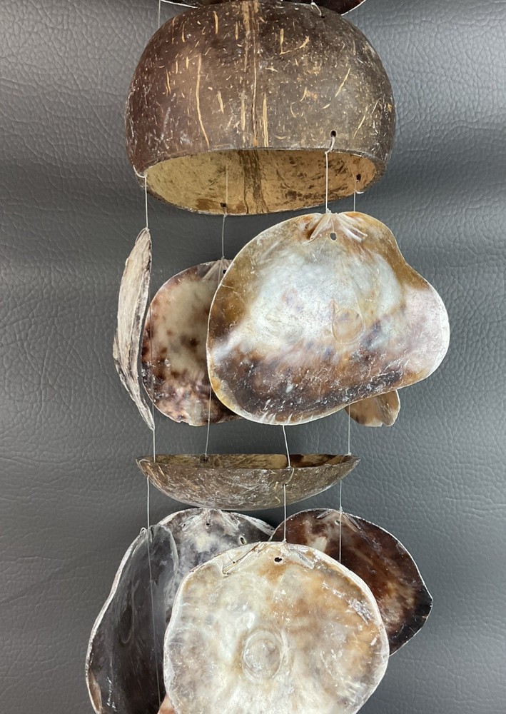 Vtg Capiz & Coconut Shell Boho Macrame Hanging Wind chime Home Decor