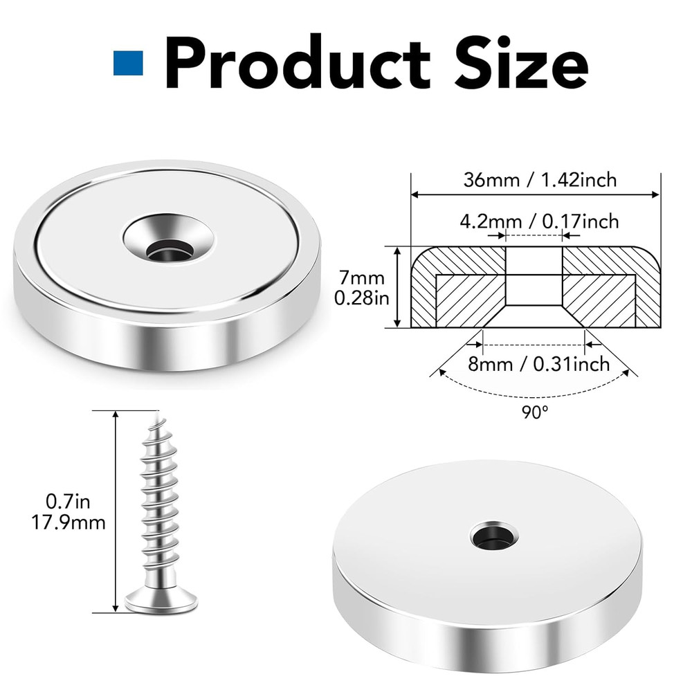 Strong Neodymium Cup Magnets, Waterproof, Rare Earth, 150Lb+ Pull Force, Silver,