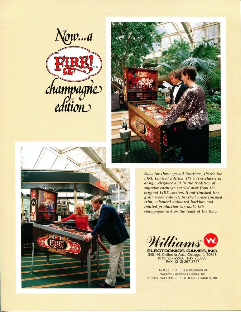 Fire! Champagne Edition Williams Pinball Flyer /Brochure/ Ad - Mint