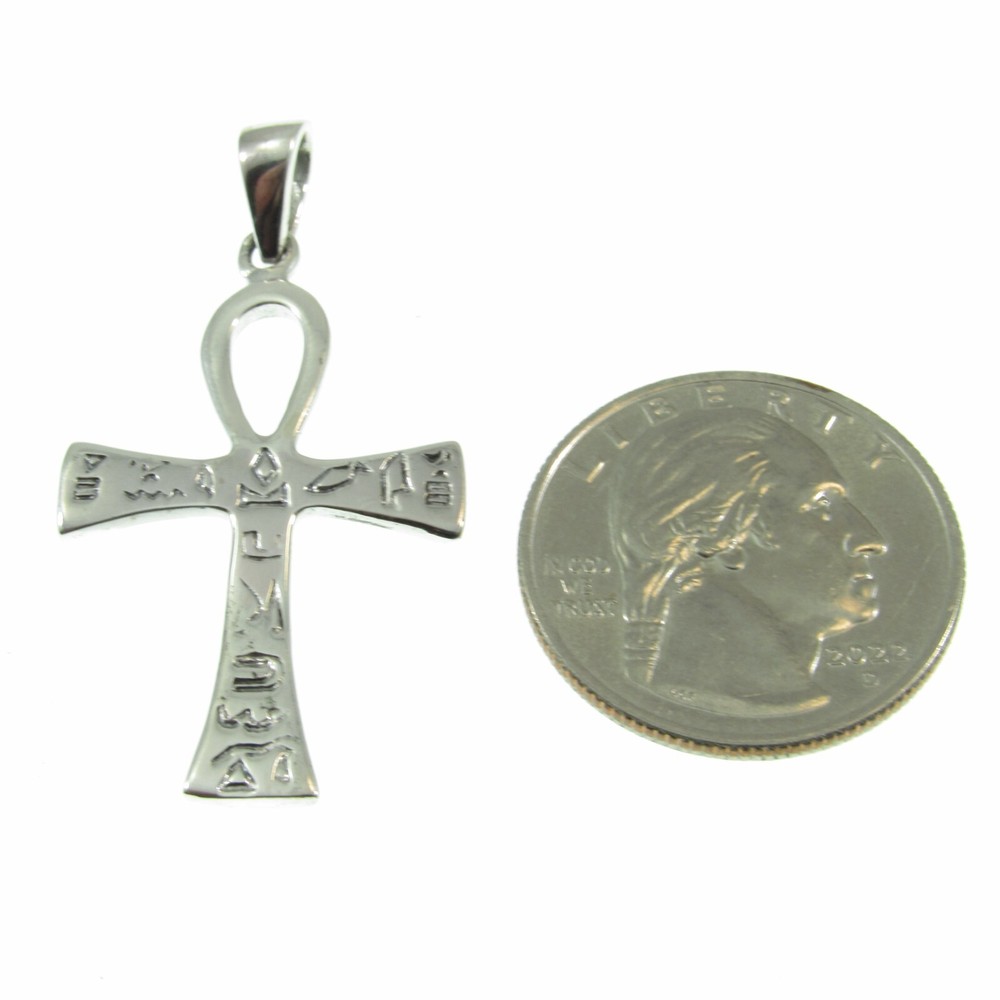 Solid 925 Sterling Silver Egyptian ANKH Cross & Hieroglyphs Symbols Pendant