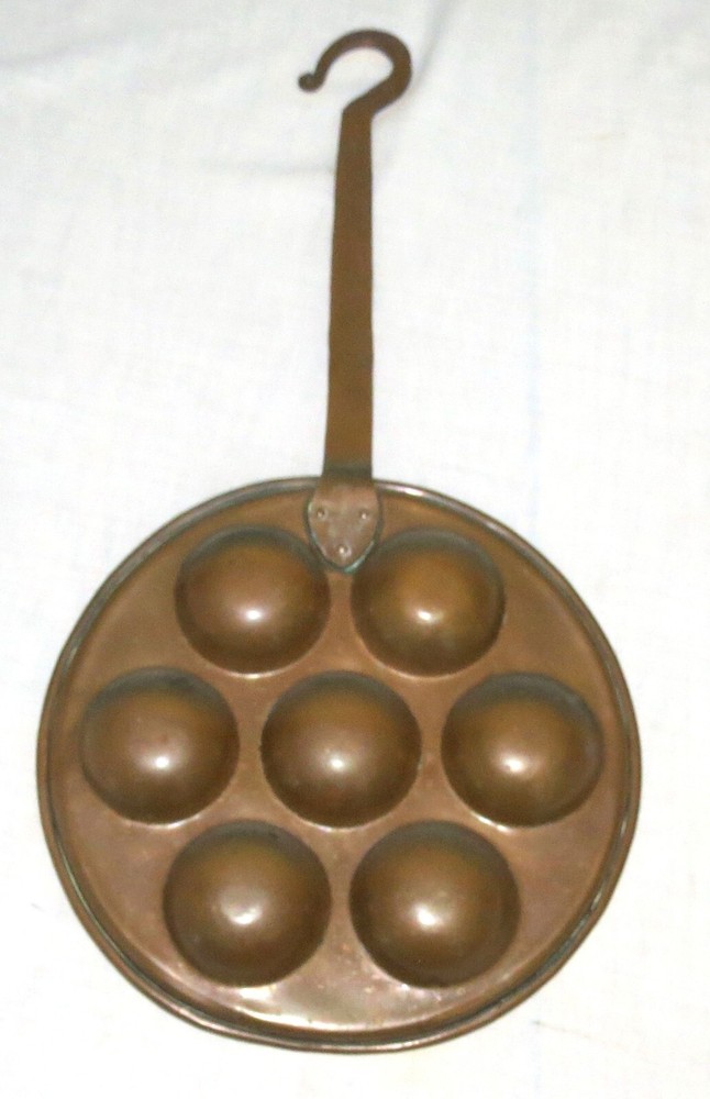 Denmark Seven Hole Lined Copper Egg / Pancake Poacher with Hook Handle