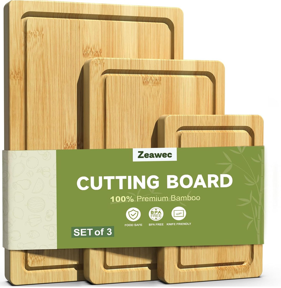 3-Piece Set Bamboo Cutting Board for Kitchen - Crack-Resistant Wood Chopping Boa