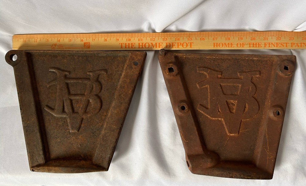 PAIR - Rare Antique Van Brunt/John Deere Cast Iron Implement End Caps