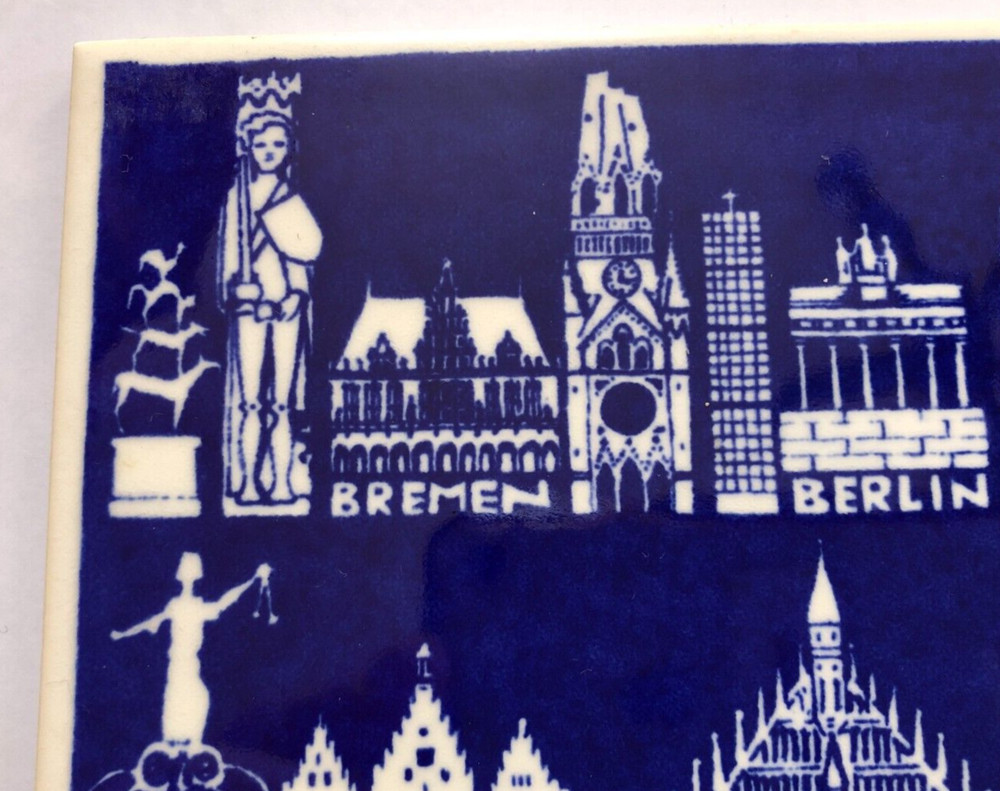 Alfred Evers Blue Ceramic Art Tile Old Germany Towns, unique