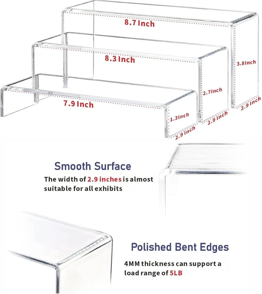 Yieach Large Clear Acrylic Risers Display Stands,3 Pcs Rectangular clear