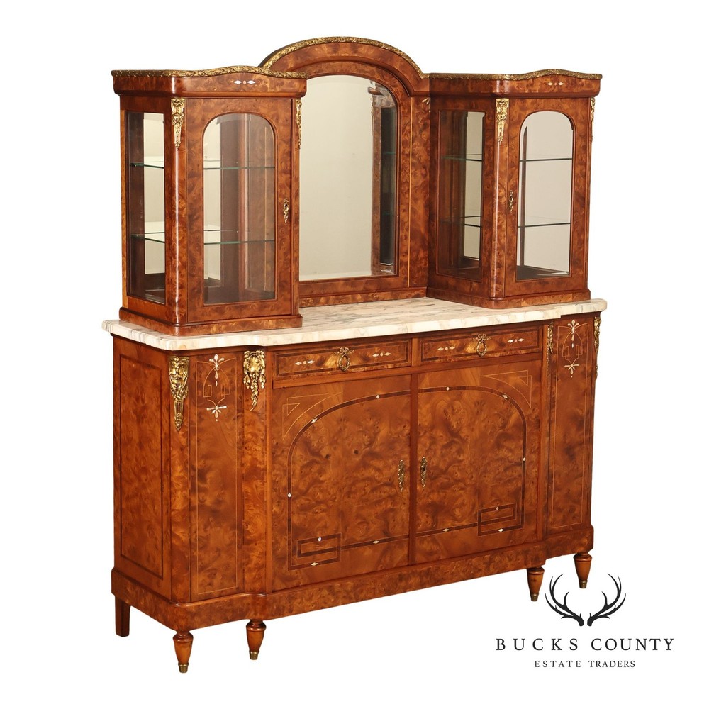 Walnut Marble Top Sideboard With Display Cabinets