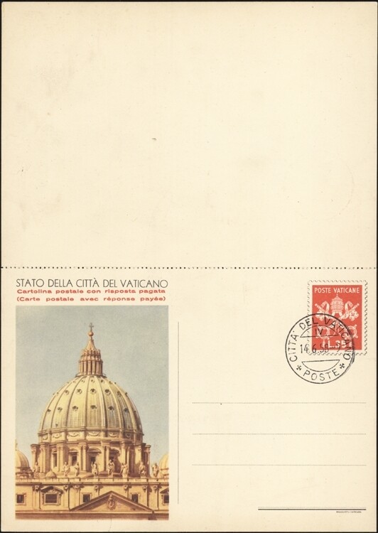 VATICAN, 1958. First Day Double Post Card H&G 27, Mint