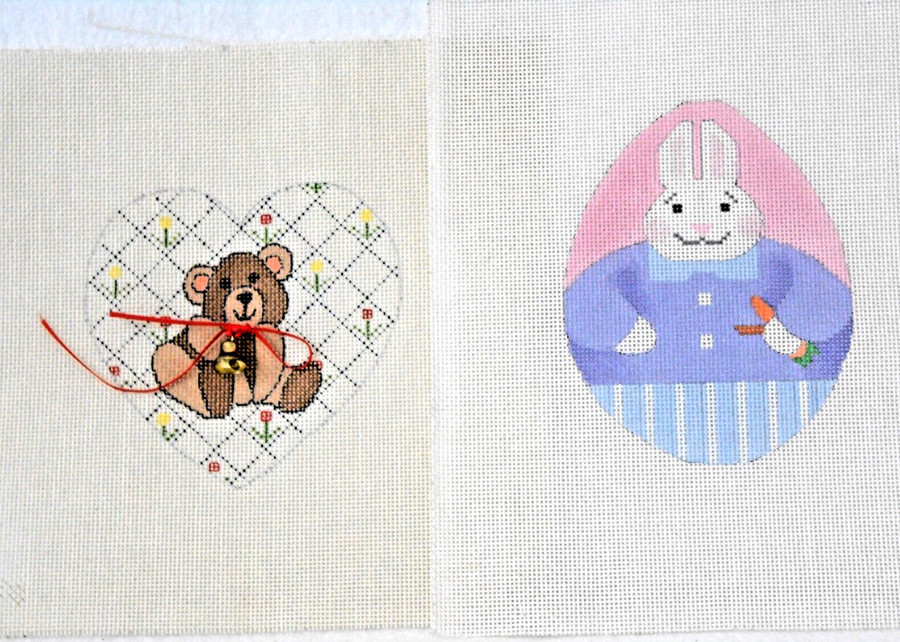 STITCH PAINTED NEEDLEPOINT CANVASES - EASTER EGG RABBIT AND TEDDY HEART - NEW