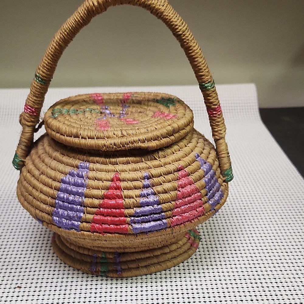 Small Ethnic Handmade Woven Storage Basket with Lid, Handle, Multicolor