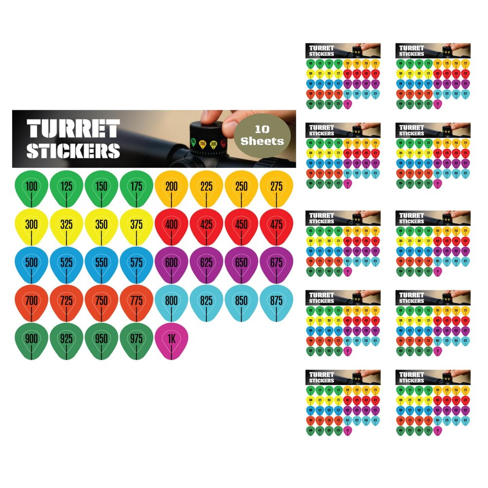 10 Rifle Scope Turret Sticker Sheets- Tags for Long Range Multi Color
