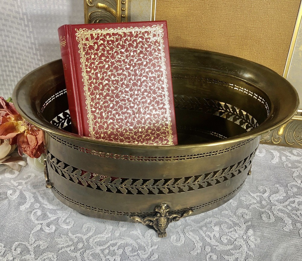 Solid Brass Planter Antiqued Brass Cherub Footed Container Pierced Sides *