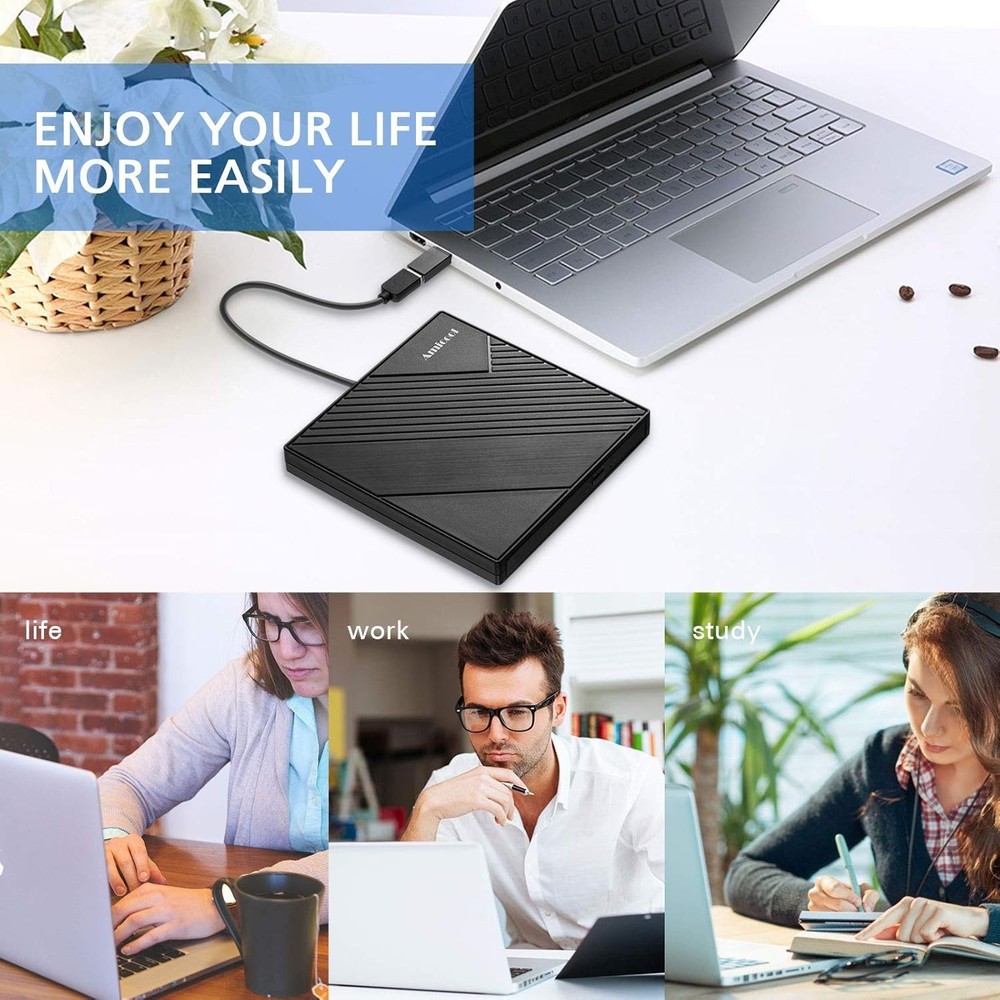 Amicool External DVD Drive USB 3.0 USB C CD Burner +/-RW Optical Drive, Slim
