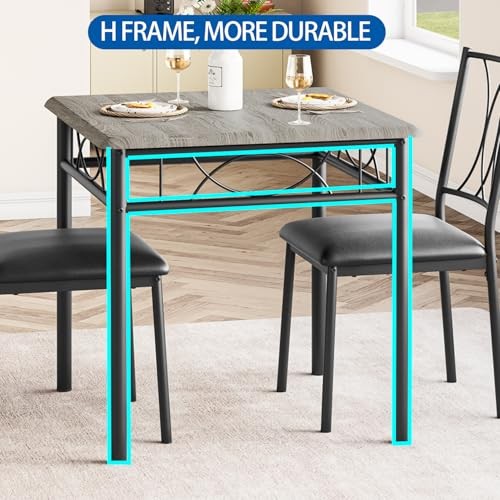 Small Dining Table Set for 2, Table with 2 Upholstered Chairs Rustic Gray