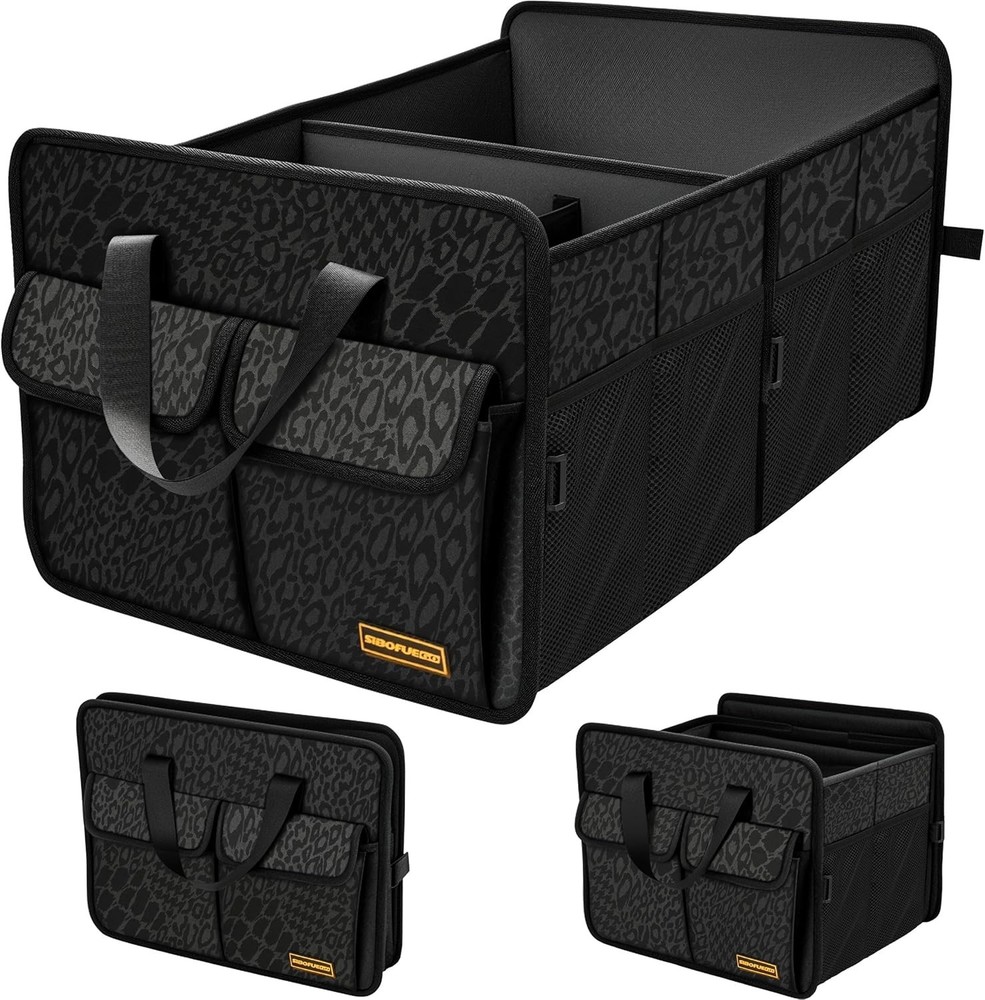 Black Leopard Collapsible Trunk Organizer - Spacious 3 Compartment Storage