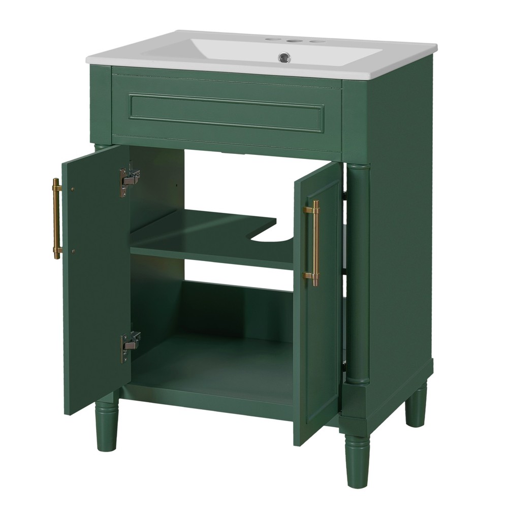 24 in Small Bathroom Vanity w/ Ceramic Sink & 2 Doors, Solid Wood&MDF, Green