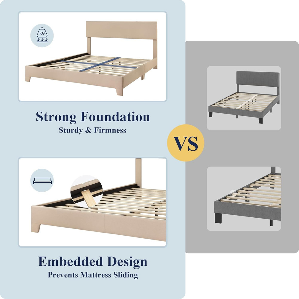 Queen Size Bed Frame with Adjustable Headboard, Upholstered Platform Bed with Wo