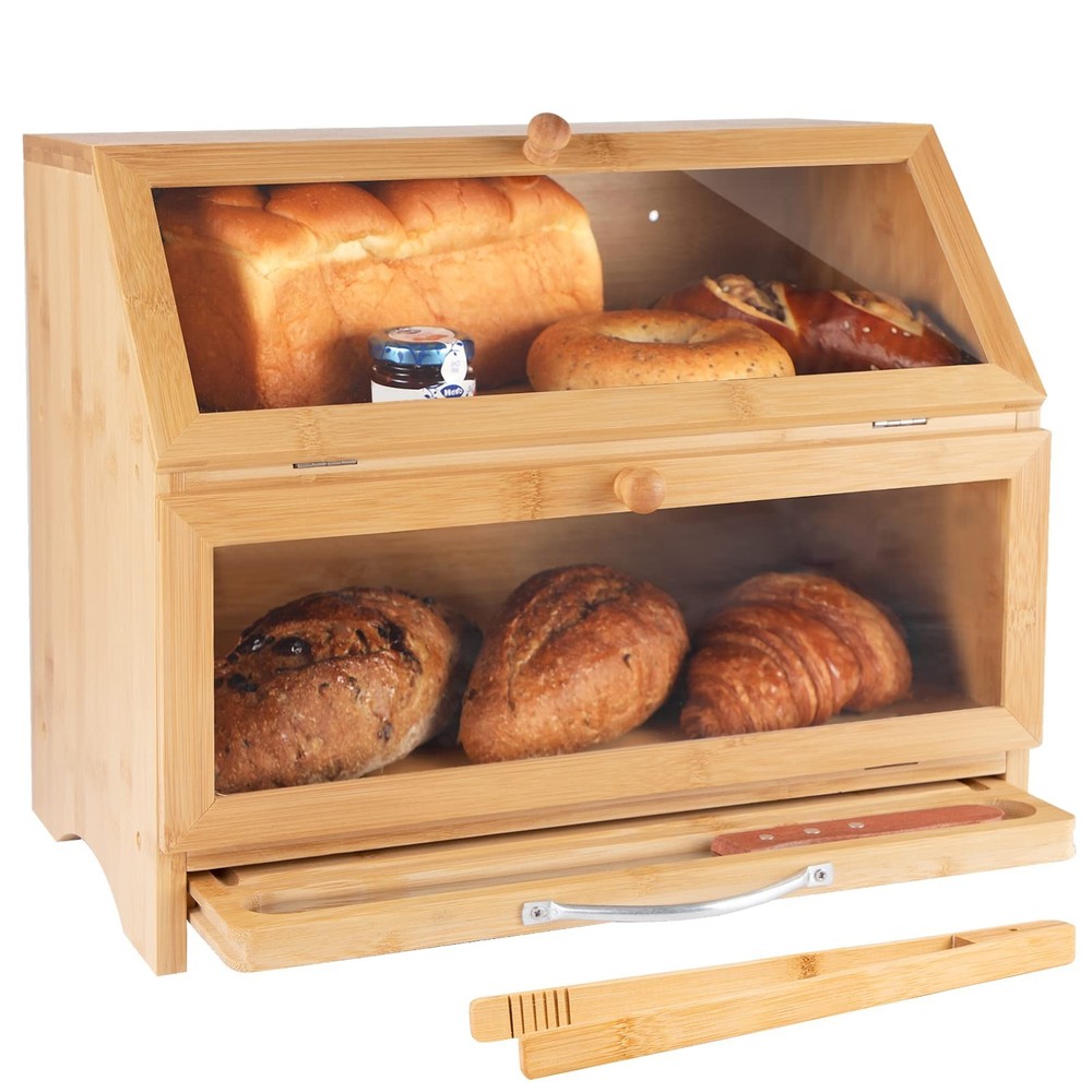 MAISONPEX Double Layer Bamboo Bread Box for Kitchen Countertop, Cutting Board...