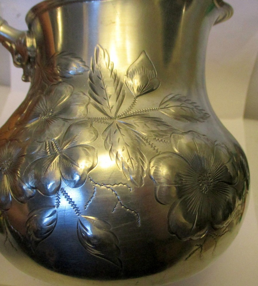 VTG SILVER PLATE PITCHER Jug CONN Repousse Embossed Flowers Fox Dragon Handle