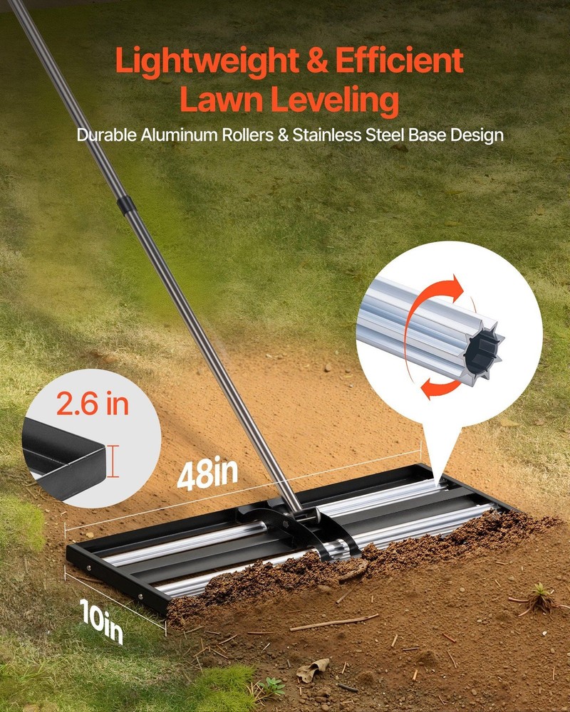48" Lawn Leveling Rake with Roller Stainless Steel Yard Leveler Adjustable