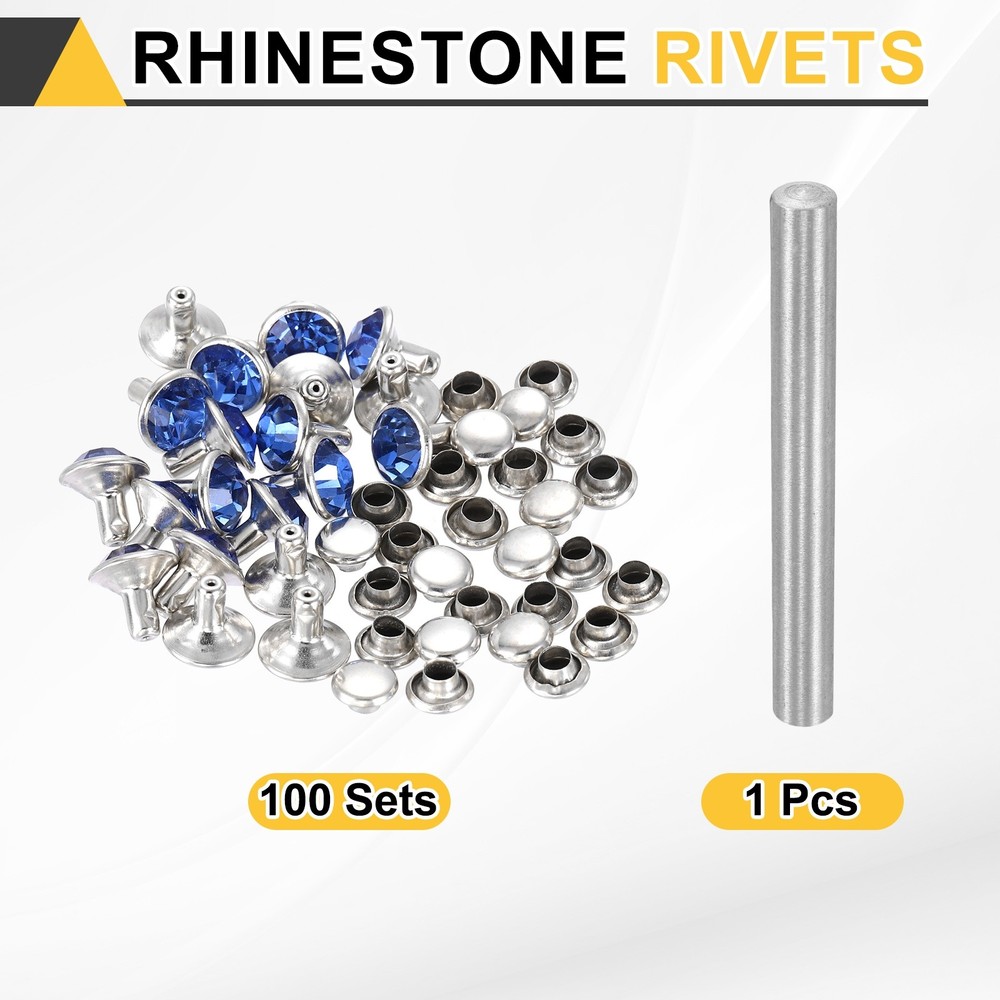 100pcs Crystal Rivets 8mm Rhinestone Stud with Tool, Silver Light Blue