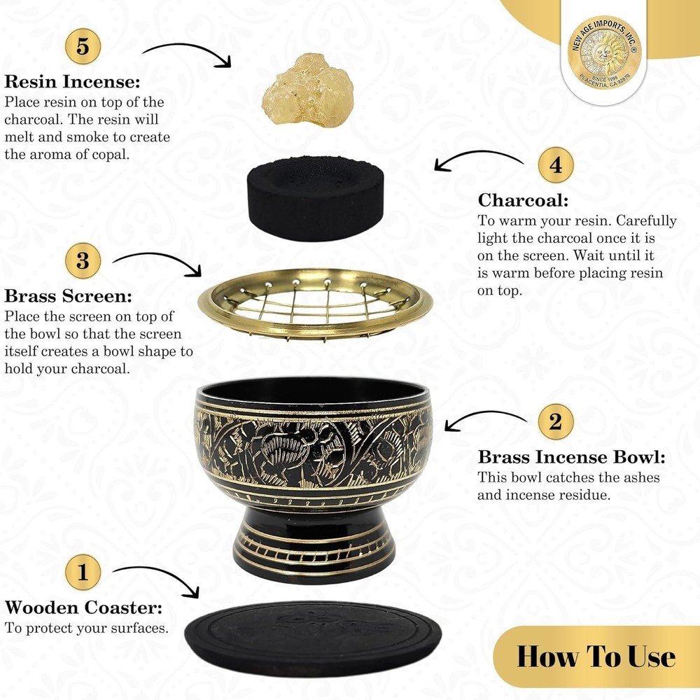 Compact Brass Charcoal Incense Burner with Intricate Patterns & Coaster Included