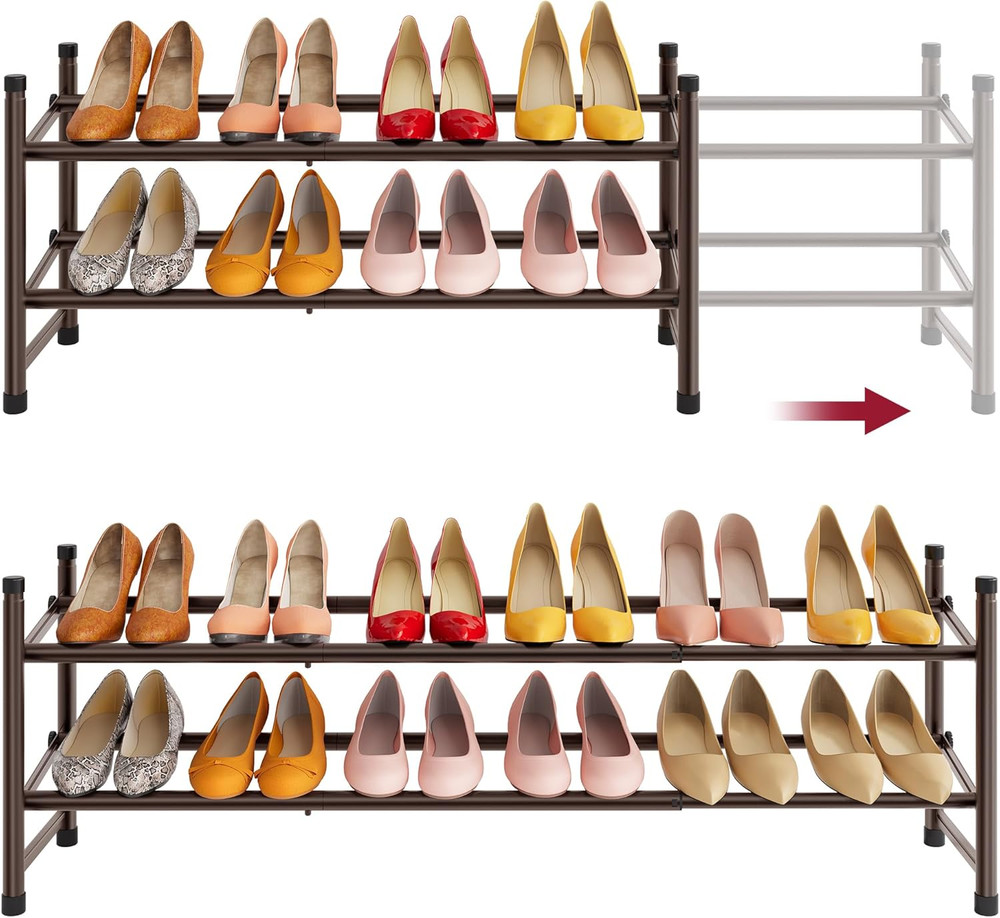 2 Tier Expandable Shoe Rack for Closet, 28“-41“Adjustable & Stackable Shoe Shelf