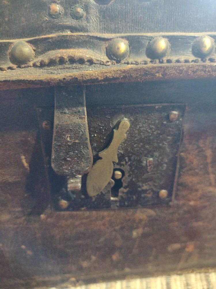 1820s Pre War Boston Robert Burr BLACK LEATHER w BRASS STUDS TRUNK Document BOX