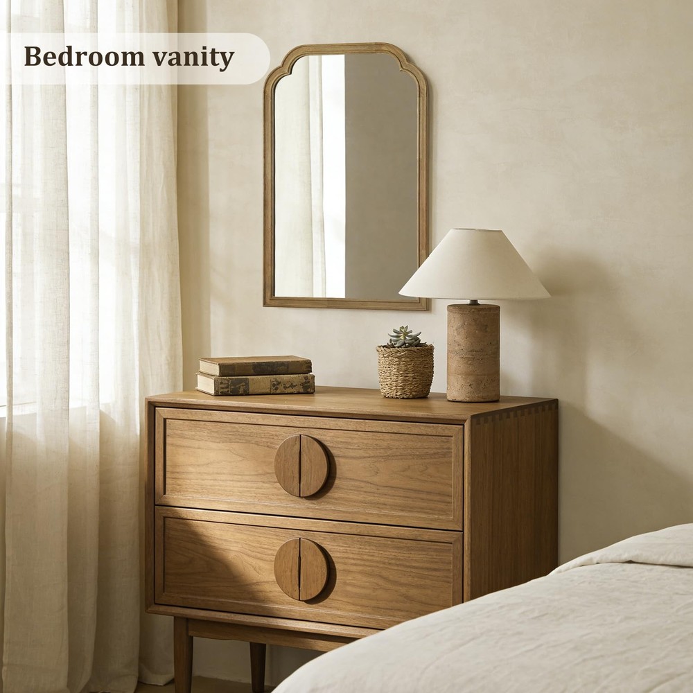 Wood Frame Wall Mirror Rounded Corner Arch Rectangle Mirror for Entryway, Liv...