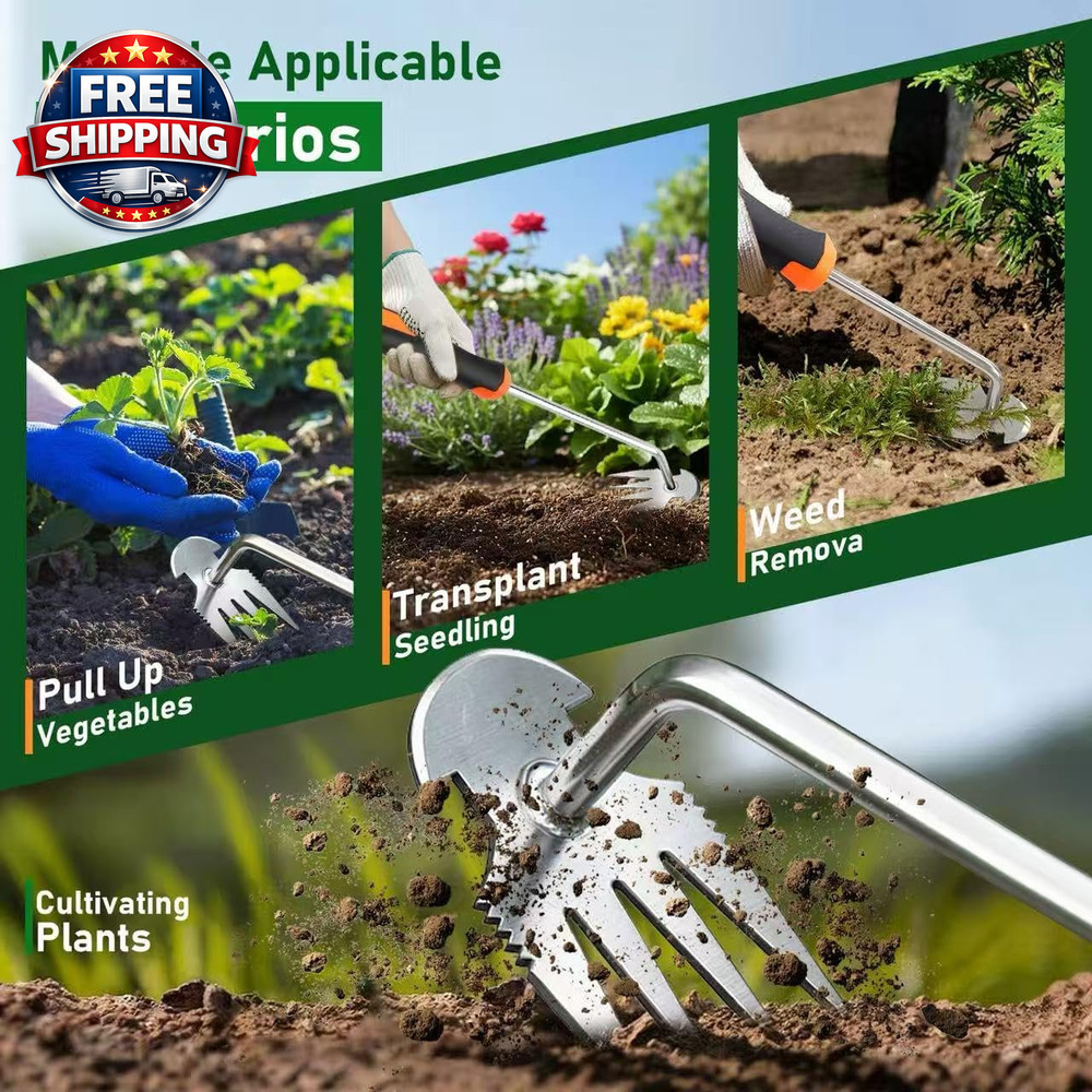 Weed Puller Tool, 2-In-1 Hand Weeder Tool with 4 Sharp Tines & Blade, Manganese